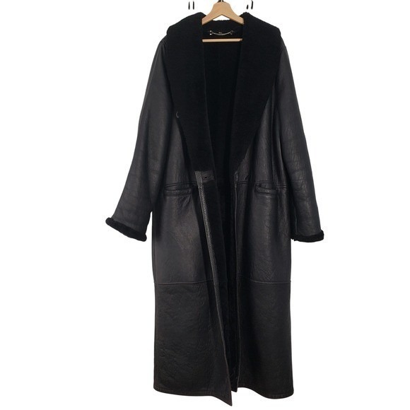 Vintage Patmos Long Leather Shearling Coat Womens Large Black Trench Full Length - Picture 2 of 16
